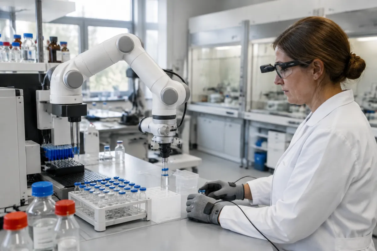 Chemiczka w białym fartuchu, okularach z małą kamerą i szarych rękawicach z czujnikami pracuje przy stole laboratoryjnym obok białego ramienia robota, które przenosi fiolki z odczynnikami