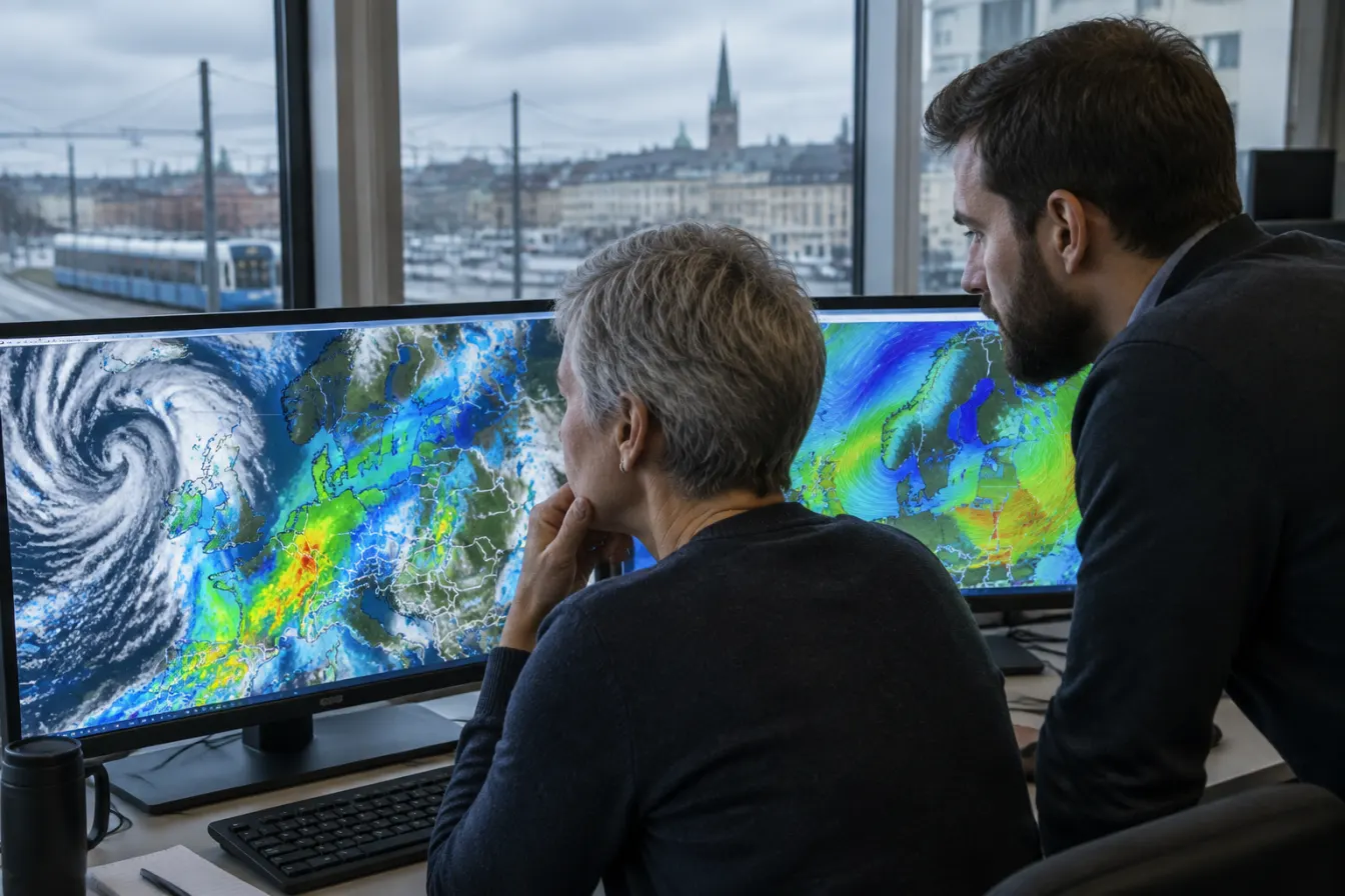 Meteorolożka z krótkimi siwymi włosami i brodaty współpracownik analizują na monitorach mapy opadów i wiatru nad Europą, za oknem tramwaj i zachmurzone miasto