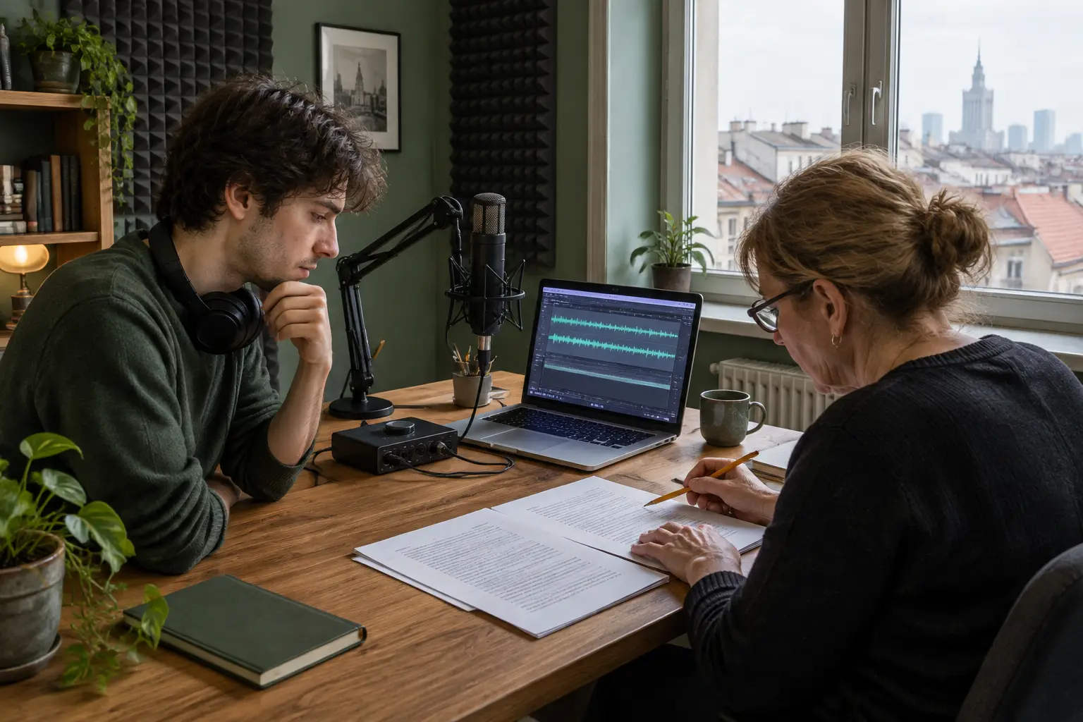 Młody realizator i redaktorka pracują nad transkrypcją nagrania w małym studiu podcastowym z widokiem na dachy Warszawy