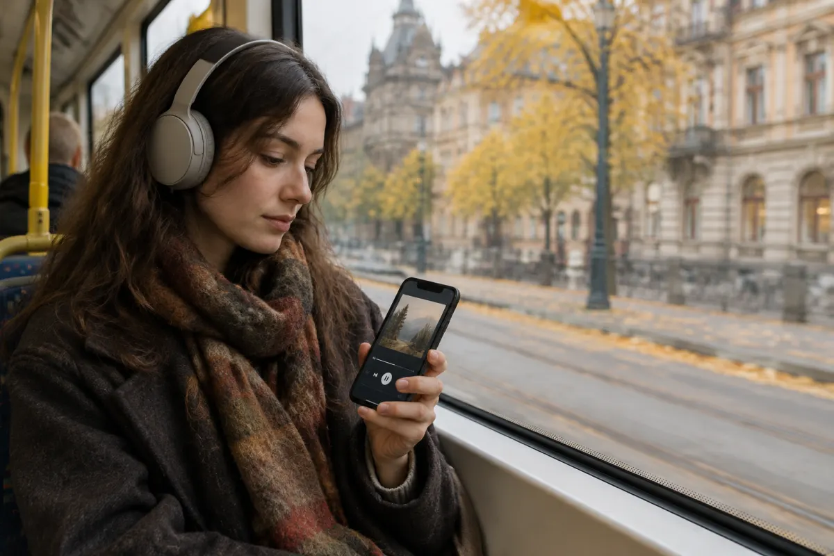 Młoda kobieta w słuchawkach jedzie jesienią tramwajem przez centrum europejskiego miasta i słucha muzyki w aplikacji na smartfonie